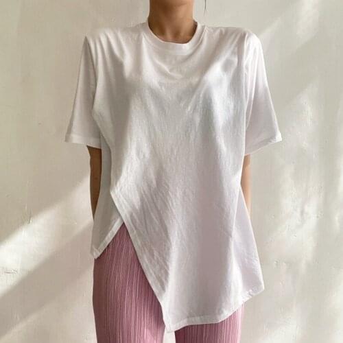 2021 Summer Korean Chic Women T-Shirt Female Niche All-Match Round Neck Loose Solid Color Irregular Split Pullovers