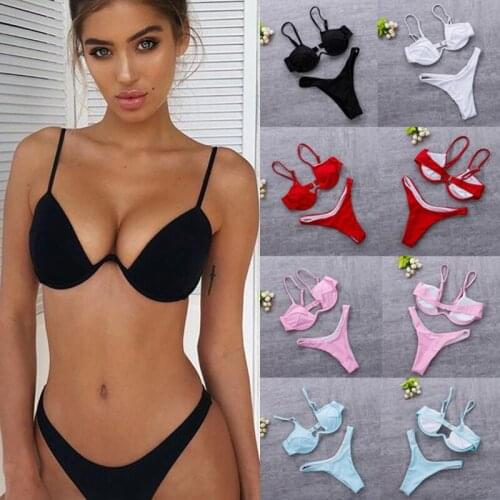 Bikinis 2019 Women padded swimsuits Pure color sexy push-up bra thong bottoms Low waist Set bathing Sport maillot de bain femme