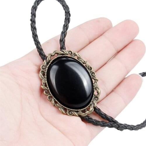 Bolo Tie Retro shirt chain Imitation of obsidian poirot rope leather necklace Long tie hang