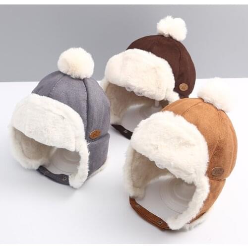Baby Hat Lei Feng Hat for Boys and Girls Winter Outdoor Warm Hat Windproof Ear Protection Hair Ball Plus Velvet Lei Feng Hat
