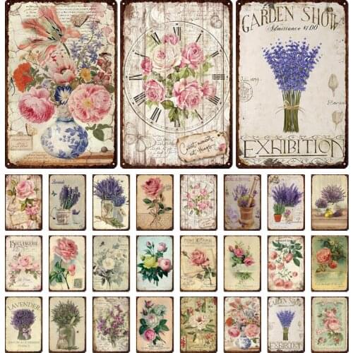 Elegant Flower Printed Tin Sign Retro Decorative Metal Poster Lavender Rose Flower Iron Painting Exquisite Girls Room Garden