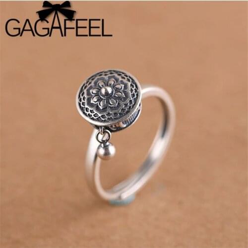 GAGAFEEL Retro Thai Silver Ring Womens Six-word Mantra Open Ring Prayer Wheel Design Jewelry S925 Sterling Silver Rings