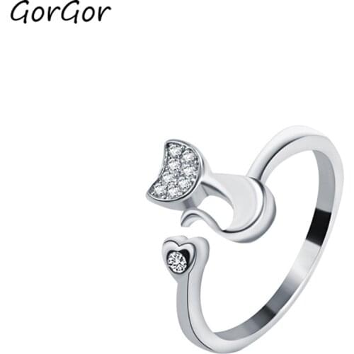 GorGor Rings Women 925 Sterling Pattern Cat Mosaic Zirconia Rose-golden Creative Smart Wedding Bands Romantic Jewelry K074