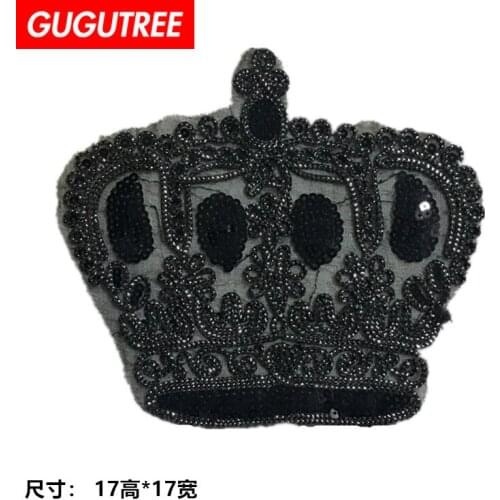 GUGUTREE embroidery Sequins big crown patches black patches badges applique patches for clothing LS-95