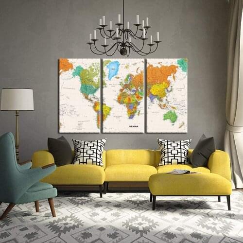 3 Pieces World MAP Canvas Wall Art Print Large Picture Modern Gallery Artwork Map Painting for Office Room Wall Decor Dropship