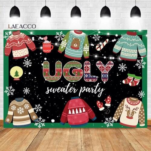 Laeacco Christmas Ugly Sweater Party Photocall Black Background Snow Light Baby Poster Portrait Customized Photography Backdrops