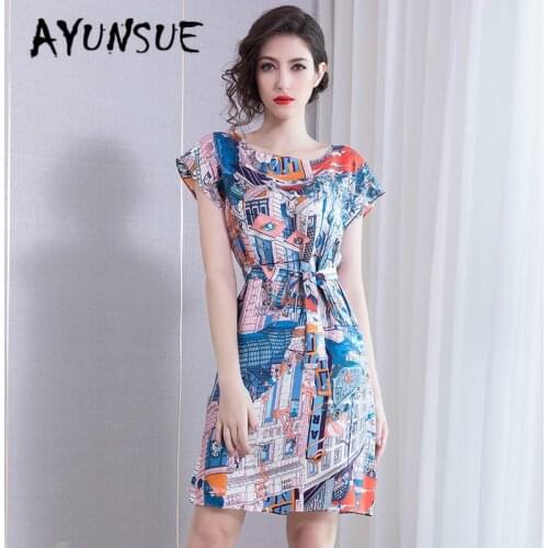 Summer Dress Real Silk Dress Women Korean Beach Dress Elegant Vintage Party Women Dress Print Vestidos Mujer ML19503 YY2665