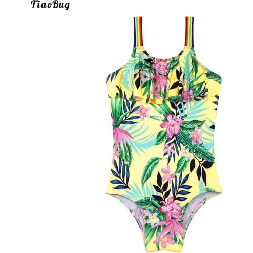 TiaoBug Summer Kids Girls One-Piece Swimwear Rainbow Print Straps Ruffle Trim Jumpsuit Beach Pool Swimming Bathing Bodysuit
