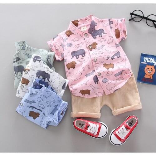 Summer Korean Version Thin Baby Neutral Childrens Set Cartoon Elephant Fashion Cotton Short Sleeve Shorts Two Piece Set