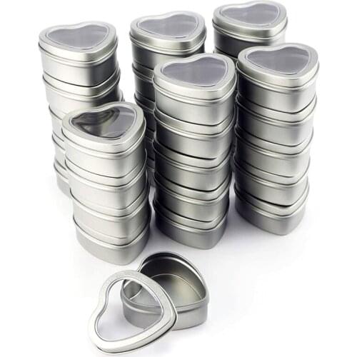 30Pcs Heart Metal Tins,Empty Heart Shaped Silver Metal Tins with Clear Window for Candle Making, Candies