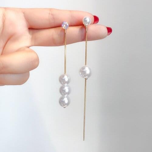 Fashion Fairy Long Simulated Pearl Earrings for Women Asymmetry Round Pearl Wedding Pendant Earrings Female Korean Jewelry Gift