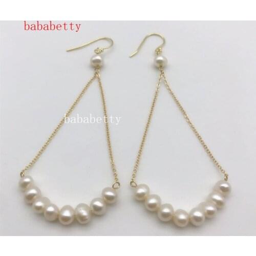 Fashion new elegant natural freshwater pearl handmade 5-6MM Potato shape white pearl swing earrings