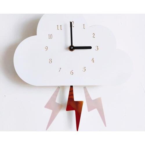 New wooden cloud wall clock Nordic living room bedroom decorative wall clock creative lightning swing wall clock