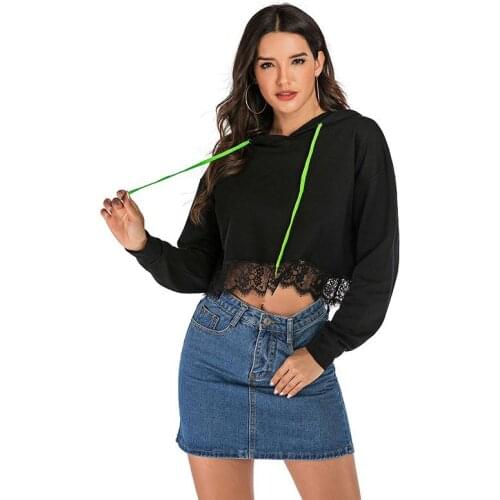 Autumn Simple Black Crop Hoodie Women 2020 Black Lace Bat Sleeve Sweatshirt Women Hoodies