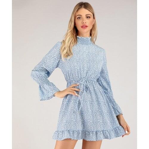 Dress with long sleeves Autumn ruffled slim high-neck casual floral long-sleeved dress korean fashion Vintage clothing
