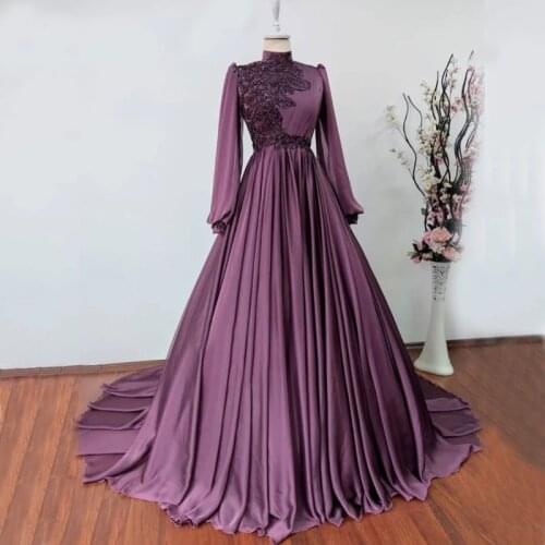 Grape Chiffon Appliques Beaded Long Sleeve Muslim Evening Dress High Neckline Arabic Long Formal Party Gowns Vestidos De Fiesta