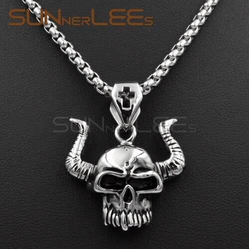 SUNNERLEES NEW Fashion Jewelry Stainless Steel Punk OX Head Skull Pendant Necklace Link Chain For Mens Womens SP07