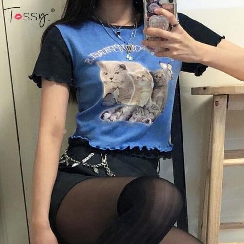 Tossy New Y2K Aesthetic Short Sleeve Tops For Girls Tight Printed Sweet Mini T-shirt Casual Harajuku Skinny Women Cropped Top