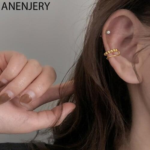 ANENJERY 925 Sterling Silver Double Layer Round Bead Ear Clip-On Earrings for Women Men Simple Punk Style Jewelry S-E1357