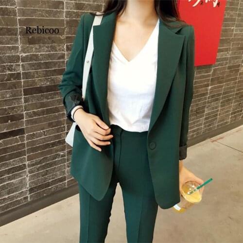New Elegant Office Work Wear Pant Suits OL 2 Piece Sets Solid Blazer Jacket & Trousers Suit For Women Set Femme