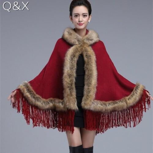 SC62 2017 Winter Warm Fake Fur Long Knitted Tassels Poncho Autumn Cashmere Sweater Women European Red Cardigan Coat With Hat