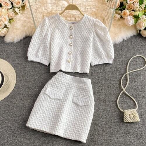 Summer Korean Sweet Two Piece Set Women Outfit Puff Sleeve Crop Top Shirt + Mini Skirt Sets Suits Girls Casual Ensemble Femme