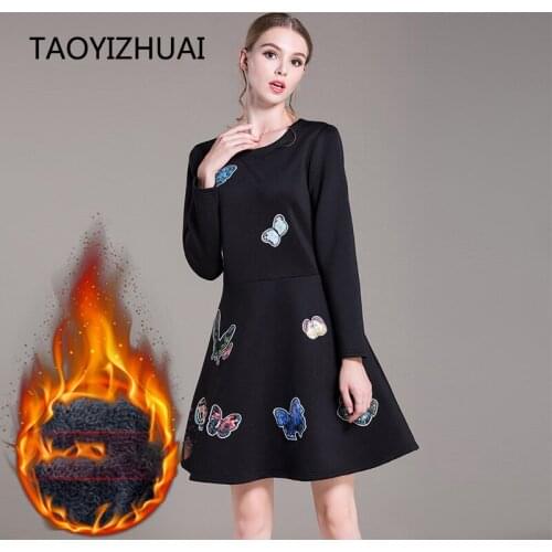 TAOYIAZHUAI autumn winter butterfly print a line full length above keen women dress o neck thicker and not thicker availabe