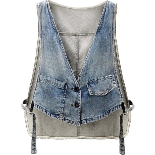Womens Spring Autumn Sleeveless Vintage Blue Denim Vest Female Winter Plus Size Loose Short Waistcoat 2XL TB334