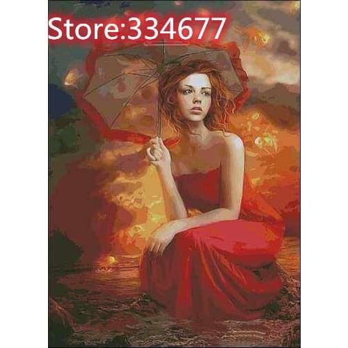 Umbrella Sky Girl Big Version Sewing Top Quality Embroidery Needlework 14CT Unprinted Art Cross Stitch Kits DIY Handmade Decor