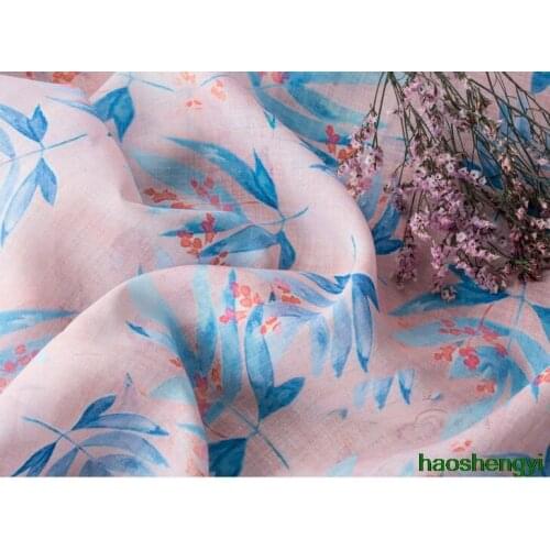 2020 spring and summer thin light pink leaves literary retro ramie printed clothing fabric