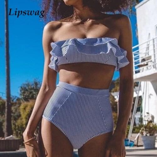 2021 Sexy Solid Color Striped Tube Top Women Swimwear Strapless Ruffled Summer Beach Swimwear High Waist Bikini Set Bathing Suit