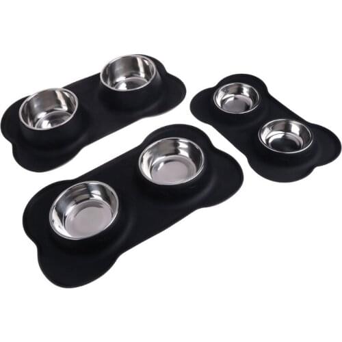 3 Size Black Double Dog Bowls With Silicone Mat Durable Stainless Steel No Spill Pet Feeding Bowl Drinking Water Food Feeder