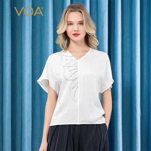 VOA Silk 22 M/m White Jacquard Collar Organza Splicing Bat Short-sleeved T-shirt B86 Harajuku Befree Tshirt B86 Women Tops