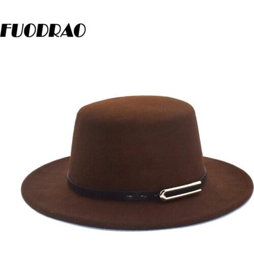 FUODRAO New Fashion Winter Autumn Wool Fedora Hat Women Flat Top Bowler Hat Wide Brim Man Jazz Hat Elegant Lady Church Hats P24