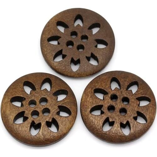 25mm 4-Holes Round Wooden Buttons brown snow flower DIY Natural Wood Button Clothing Accessories 100 pcs/lot