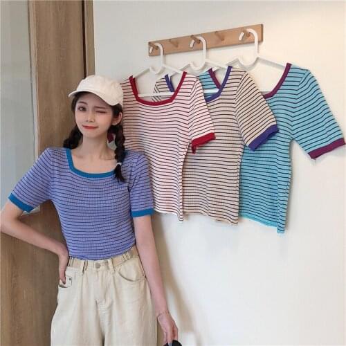 GGRIGHT Square Neck Striped Summer Crop Top 2021 Woman Short Sleeve Tops Casual T-Shirt Tee Shirt Femme Camisetas Mujer