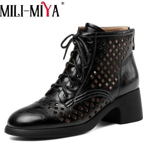 MILI-MIYA Hot Sell Breathable Cut Out Women Sandals Fashion Round Toe Ankle Boots Summer Mid Square Heel Zipper All Match Shoes