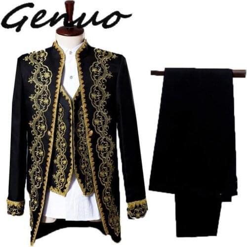 Mens Classic Gold Embroidery 3 Piece Suit (Jacket+Pants+Vest) Party Wed-ding Suits Men Singer Opera Stage Suit Costume Homme XXL