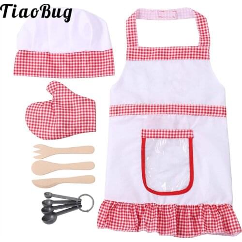 CChef Set for Kids 7pcs Kitchen Costume Role Play Kits Girls Apron with Chef Hat Cooking Mitt and Cookie Cutters