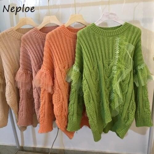 Neploe Mesh Patch Design Women Sweaters O-neck Loose Long Pullovers Female Fairy Fashion Autumn Winter Knit Tops De Mujer 2021