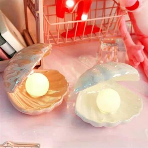 Ceramic Shell Pearl Night Light Home Storage Decoration Ornaments Battery-powered Cartoon Style Atmosphere Table Lamp Girl Gift