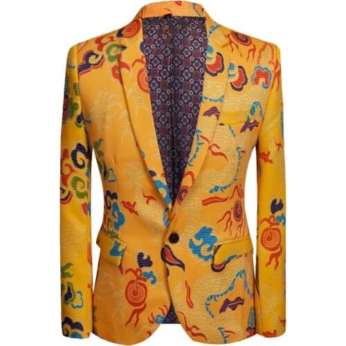 New Chinese style yellow dragon printed suit for men stage singer dress wedding dress mens printed suit