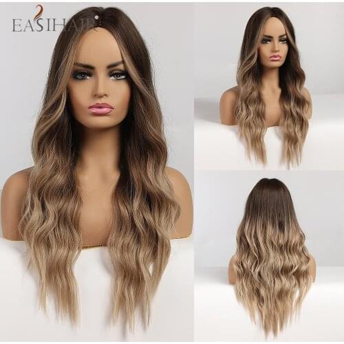 EASIAHIR Long Water Wave Hair Wigs for Women Ombre Brown to Blonde Synthetic Curly Hair Wigs Middle Parting Heat Resistant Fiber