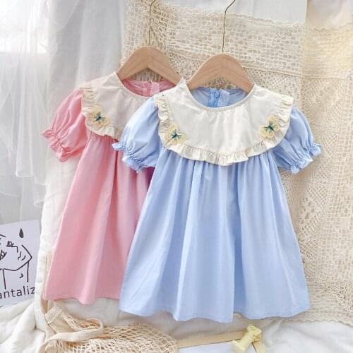 Baby Girls Dresses Summer Round Collar Butterfly Embroidery Sweet Dress Kids Short Sleeve Casual Sundress 2-6Years Old