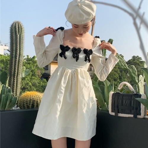 Retro Girl Puff Sleeve High Waist Puffy Dress 2021 Womens Square Neck Bow Long Sleeve Party Chic Dress