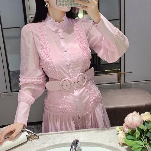 Luxury French Spring Mini Dress Women Elegant Party Dress Long Puff Sleeve with Belt Party Dress Single Breasted Ruffles C965