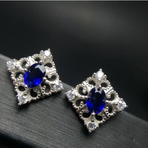 Sapphire stud earring Free shipping Jewelry Natural real sapphire 925 silver Gem size
