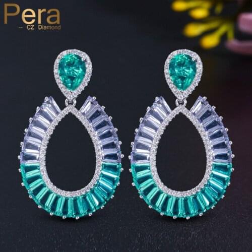 Pera Vogue Light Blue Purple Amethyst CZ Crystal Topaz Elegant Long Big Water Drop Dangle Earrings for Ladies Party Jewelry E556