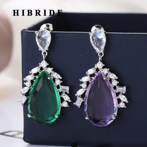 HIBRIDE Sparkling AAA Cubic Zirconia Paved Long Water Drop Dangle Wedding Earrings for Women Dinner Party Dress Jewelry E-516