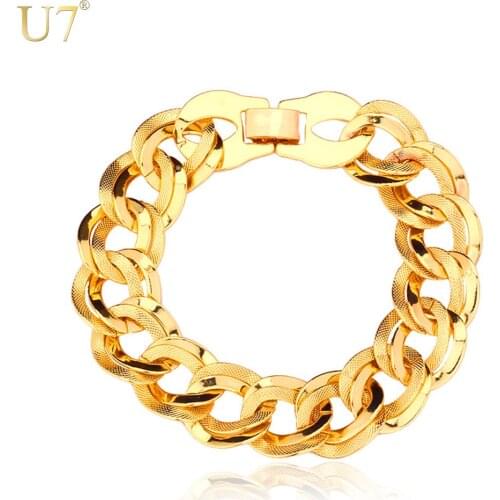U7 Circle Round Bracelet Wholesale Women Men Jewelry Gift Trendy Gold/Silver Color Wide 15 MM Link Chain Bracelet H450